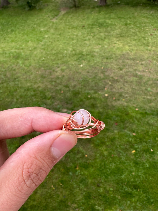 Copper Rose Quartz Wire Wrapped Ring Size 7.5