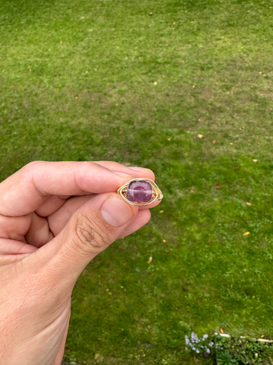 Gold Cylindrical Amethyst Wire Wrapped Ring Size 5