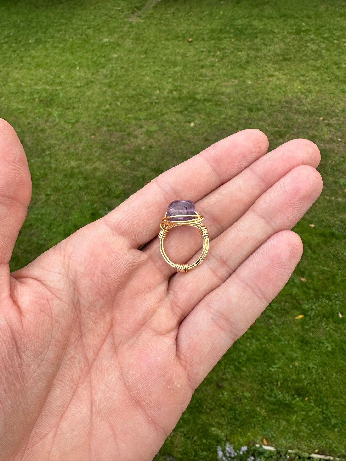 Gold Cylindrical Amethyst Wire Wrapped Ring Size 5