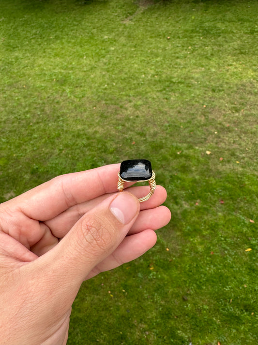 Square Black Onyx Wire Wrapped Ring Size 5.5