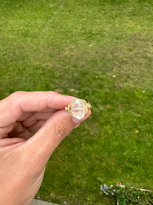 Gold Clear Quartz Point Wire Wrapped Ring Size 6