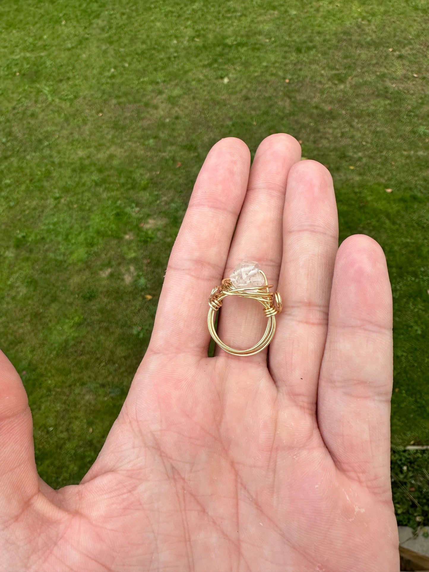 Gold Clear Quartz Point Wire Wrapped Ring Size 6