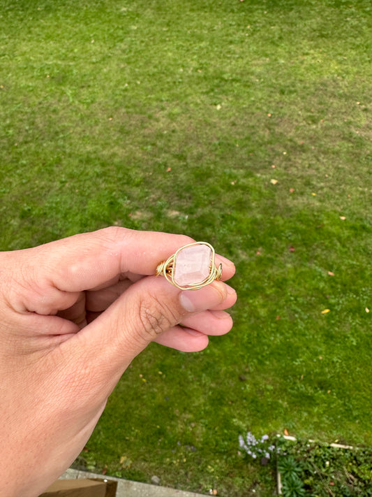 Gold Rose Quartz Wire Wrapped Ring Size 6