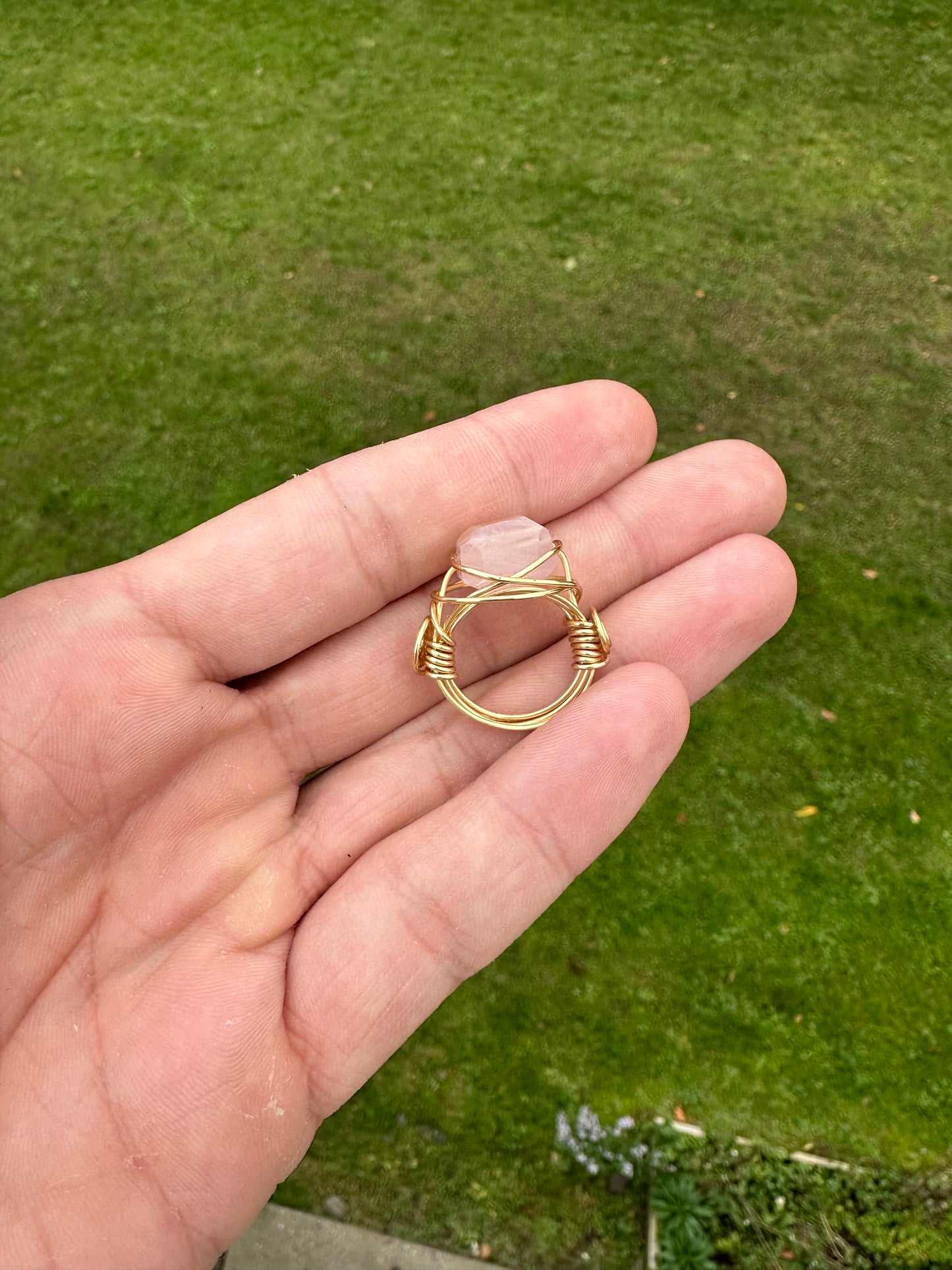 Gold Rose Quartz Wire Wrapped Ring Size 6