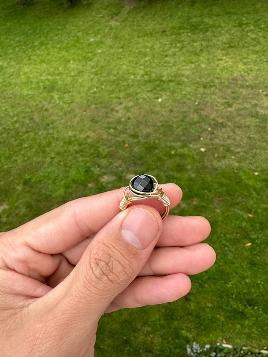 Faceted Black Onyx Gold Wire Wrapped Ring Size 7