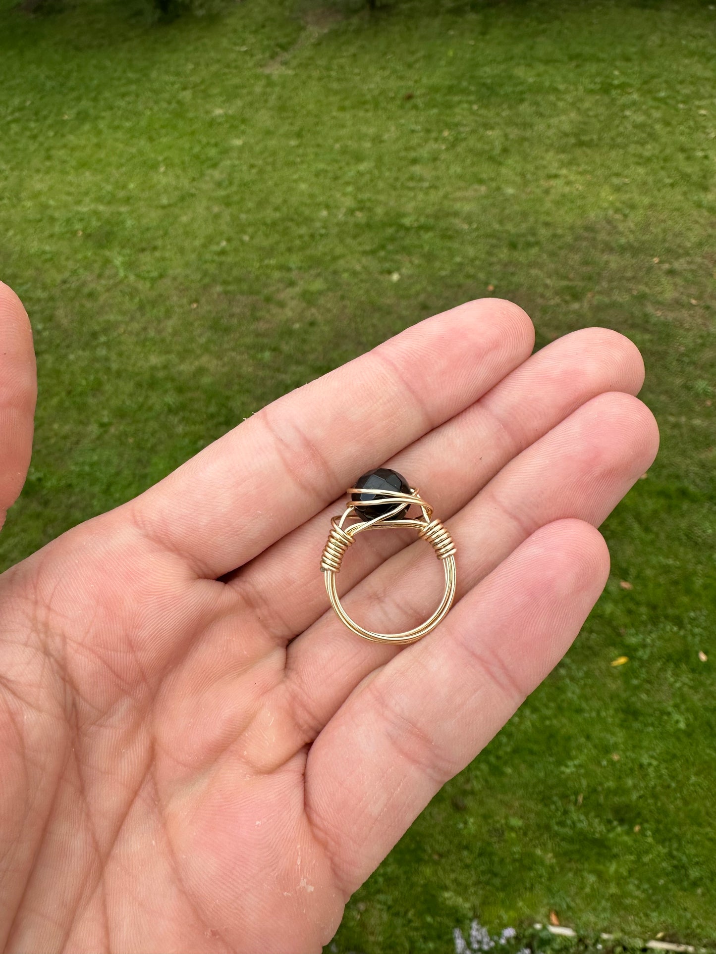 Faceted Black Onyx Gold Wire Wrapped Ring Size 7