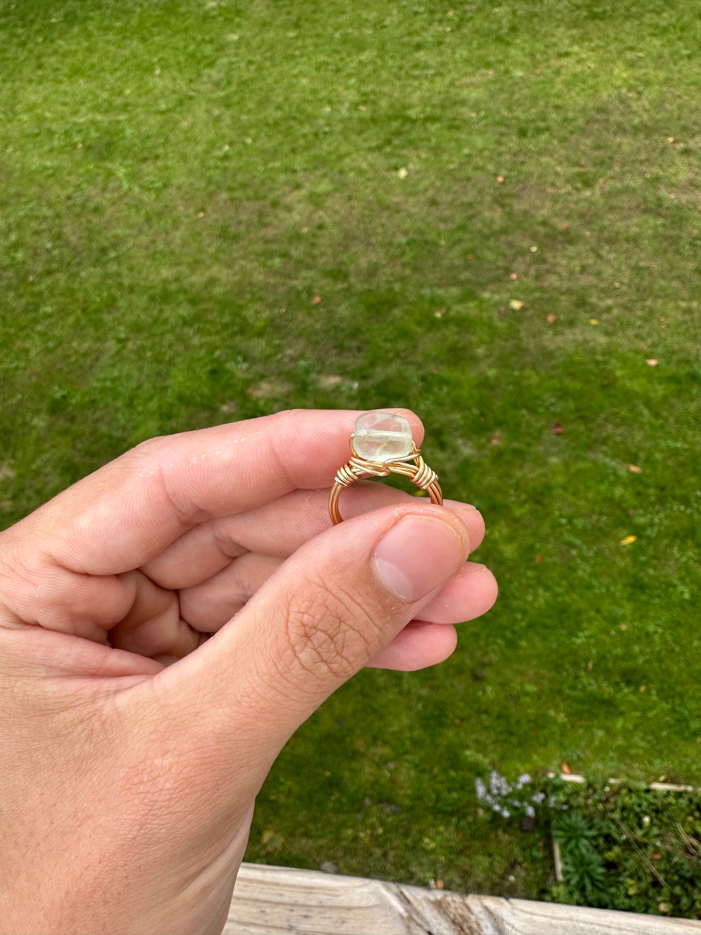 Green Fluorite Gold Wire Wrapped Ring Size 7