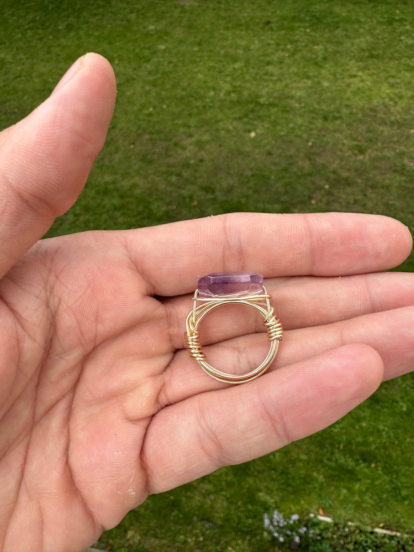 Gold Fluorite Wire Wrapped Ring Size 7.5