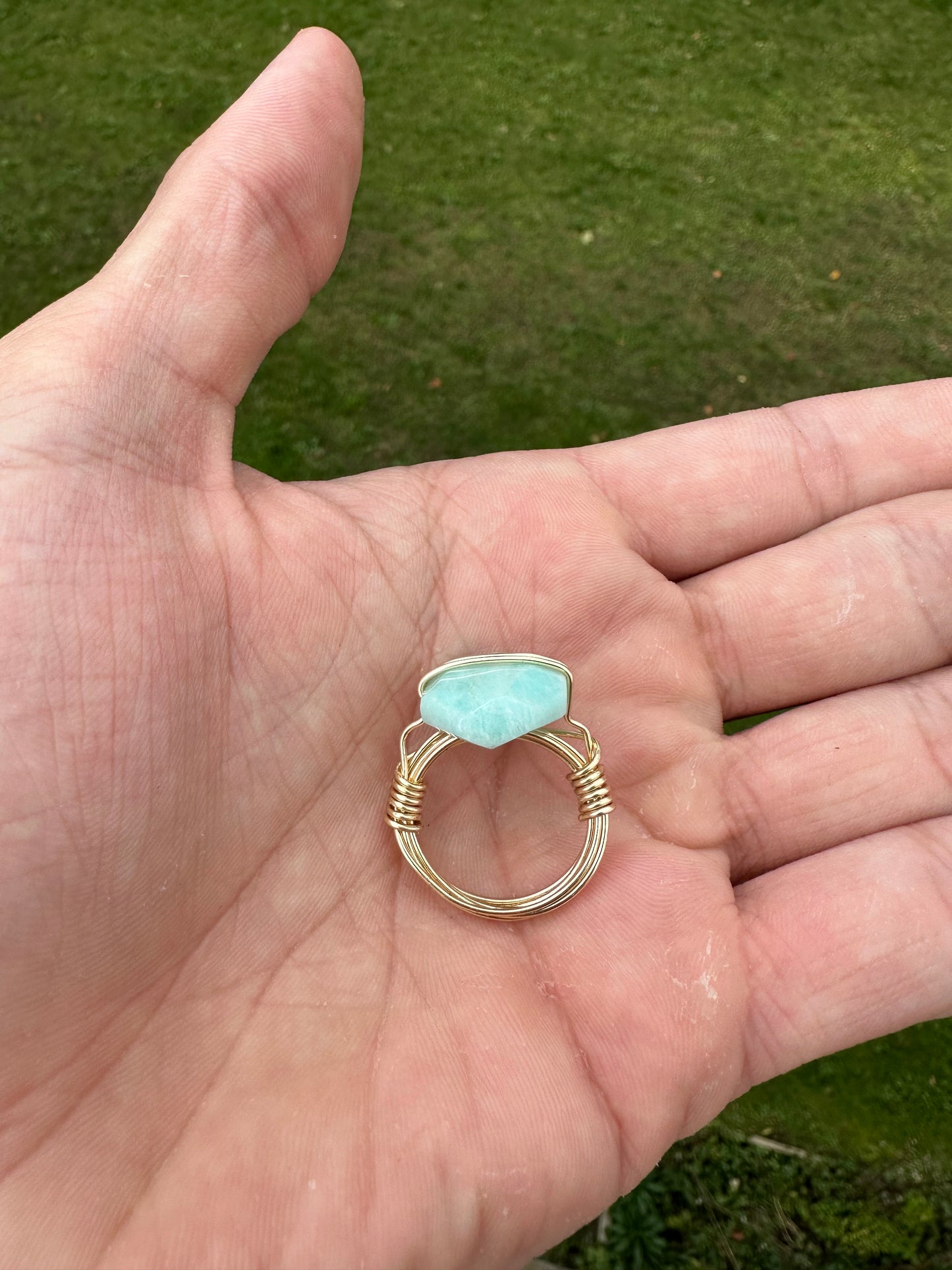 Gold Amazonite Wire Wrapped Ring Size 8