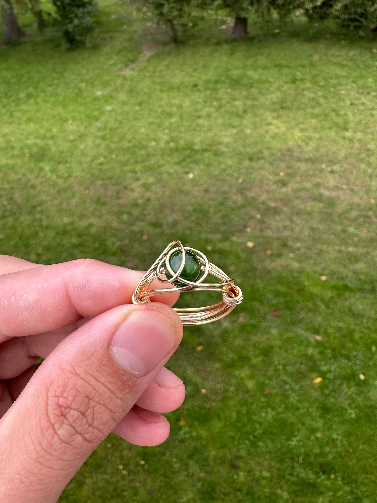 Gold Jade Wire Wrapped Ring Size 8.5