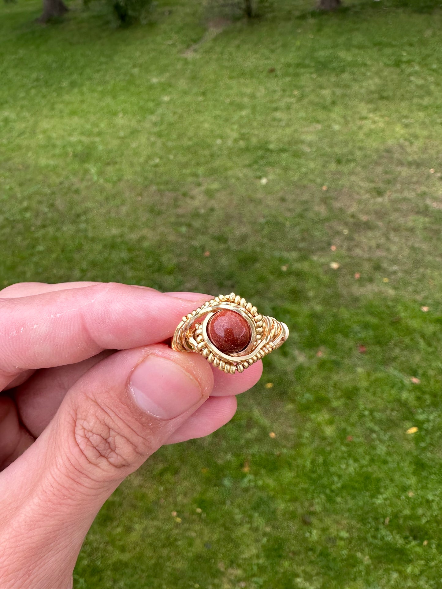 Gold Sunstone Wire Wrapped Ring Size 9