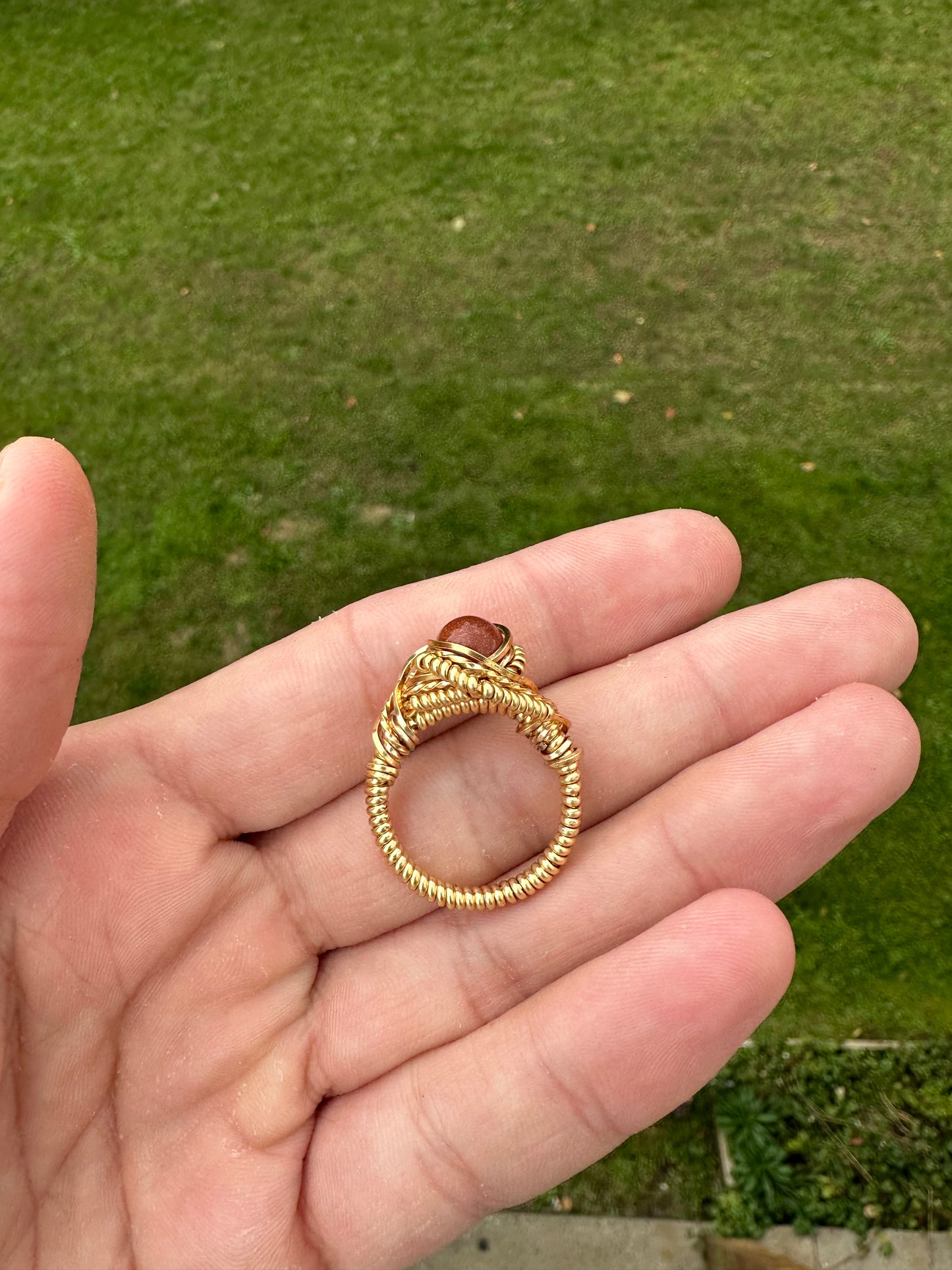 Gold Sunstone Wire Wrapped Ring Size 9