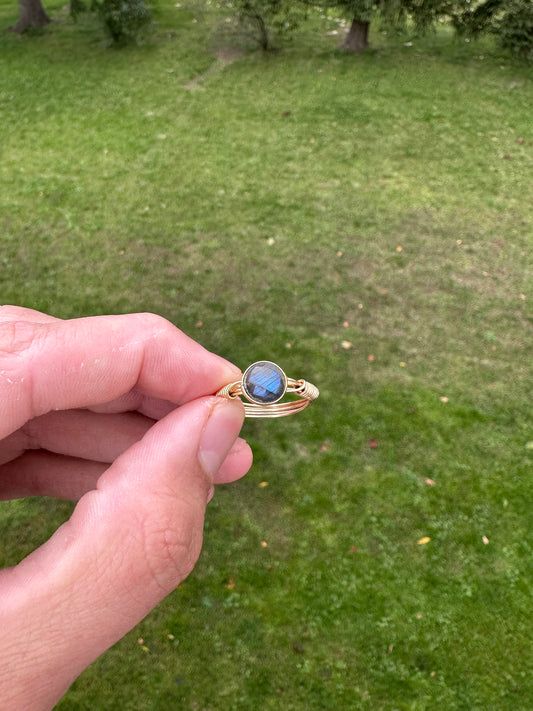 Gold Faceted Labradorite Wire Wrapped Ring Size 9