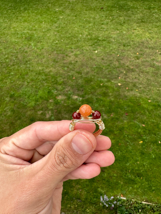 Gold Triple Carnelian Wire Wrapped Ring Size 9