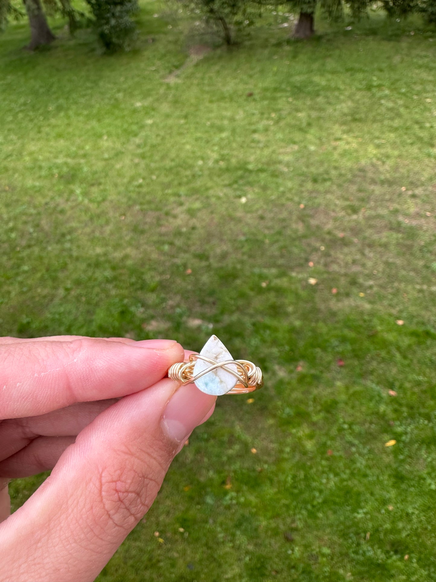 Gold Larimar Tear Drop Wire Wrapped Ring Size 10