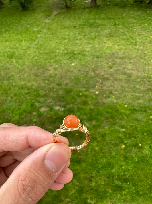 Gold Colored Faceted Carnelian Sphere Ring Size 10