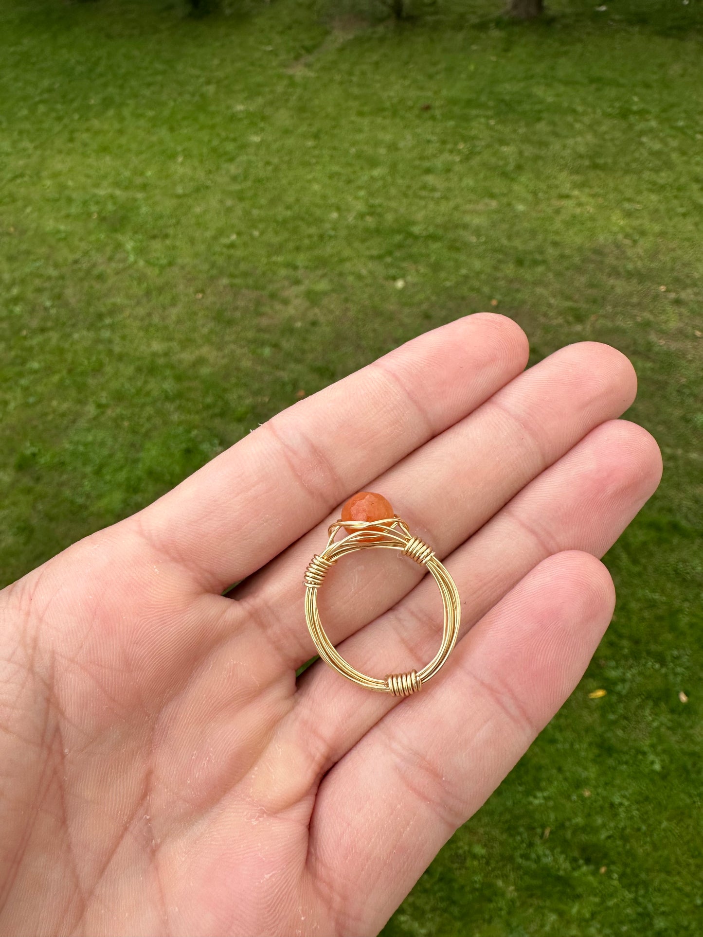 Gold Colored Faceted Carnelian Sphere Ring Size 10