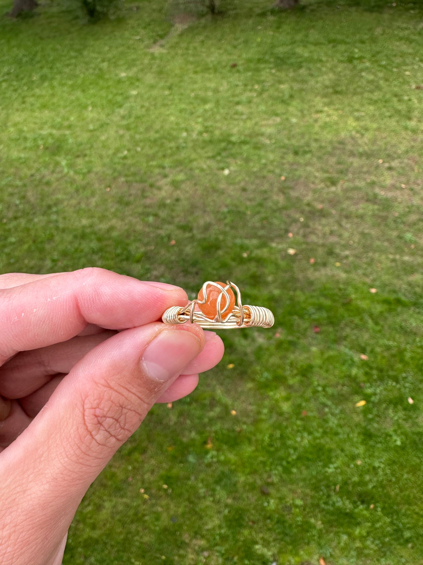 Gold Colored Faceted Carnelian Sphere Ring Size 11