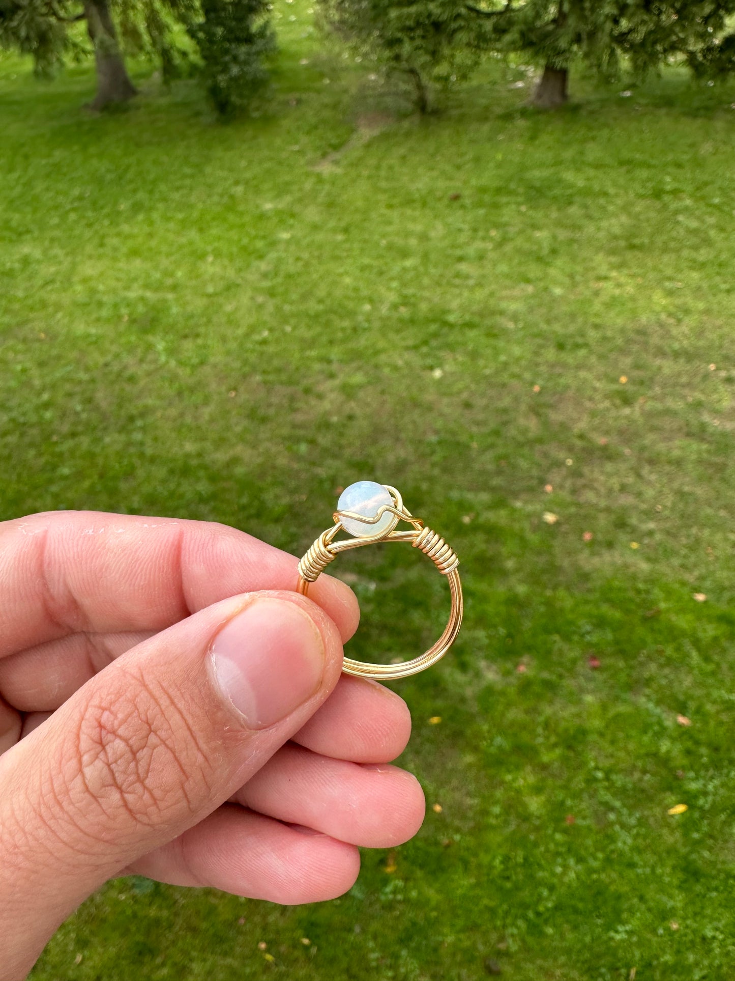 Gold Colored Opalite Sphere Ring Size 11