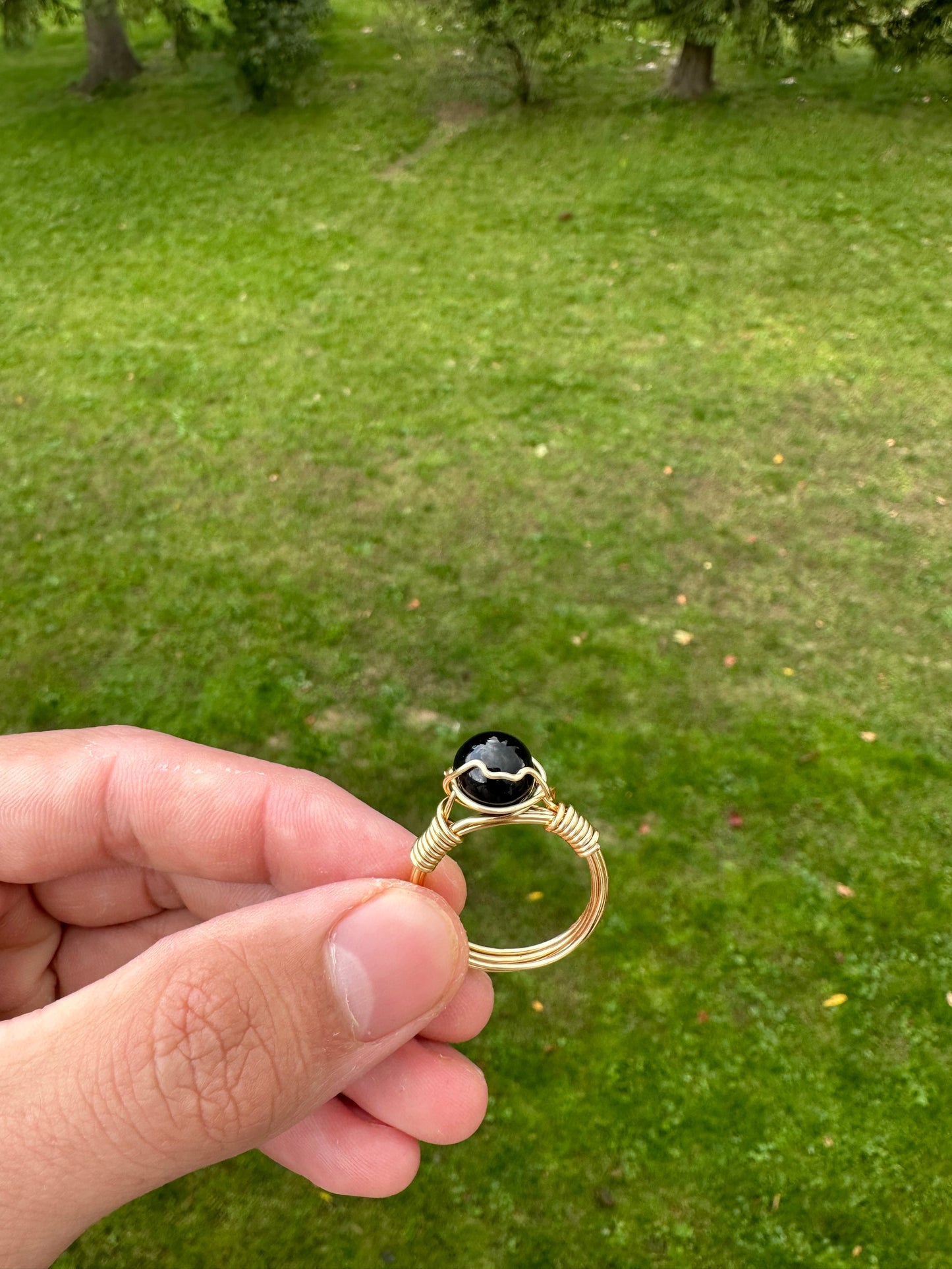 Gold Colored Black Onyx Sphere Ring Size 12