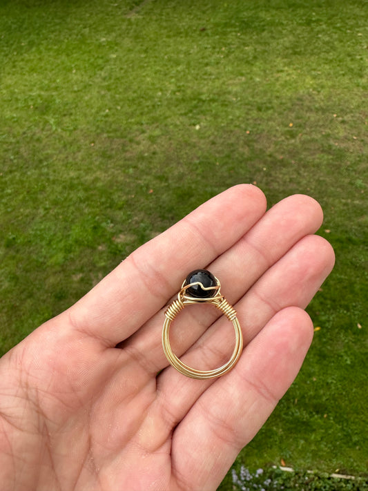 Gold Colored Black Onyx Sphere Ring Size 12