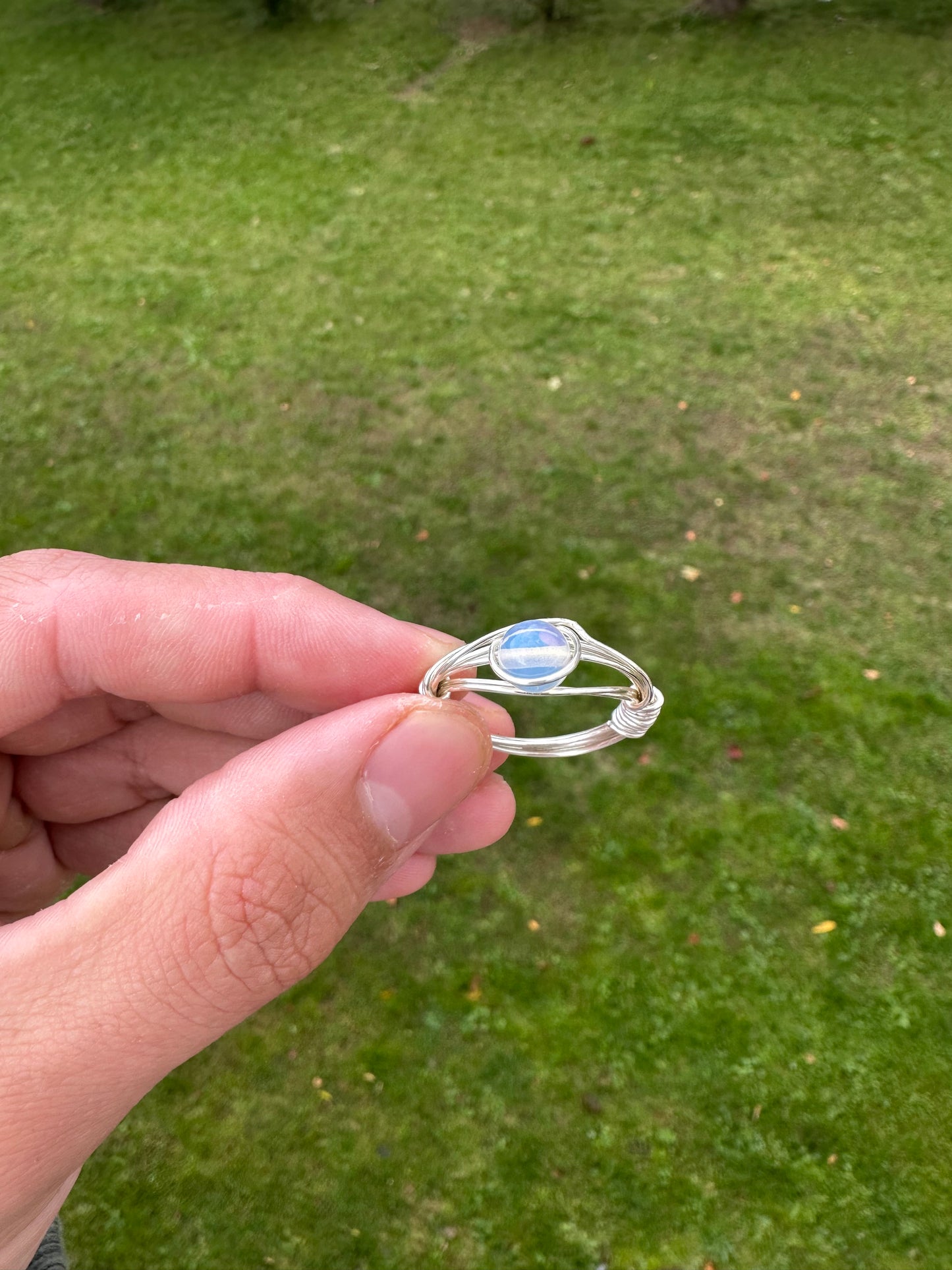 Silver Colored Opalite Sphere Ring Size 12