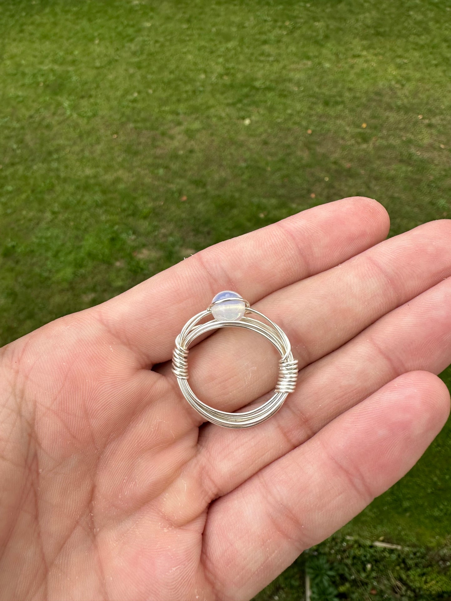 Silver Colored Opalite Sphere Ring Size 12