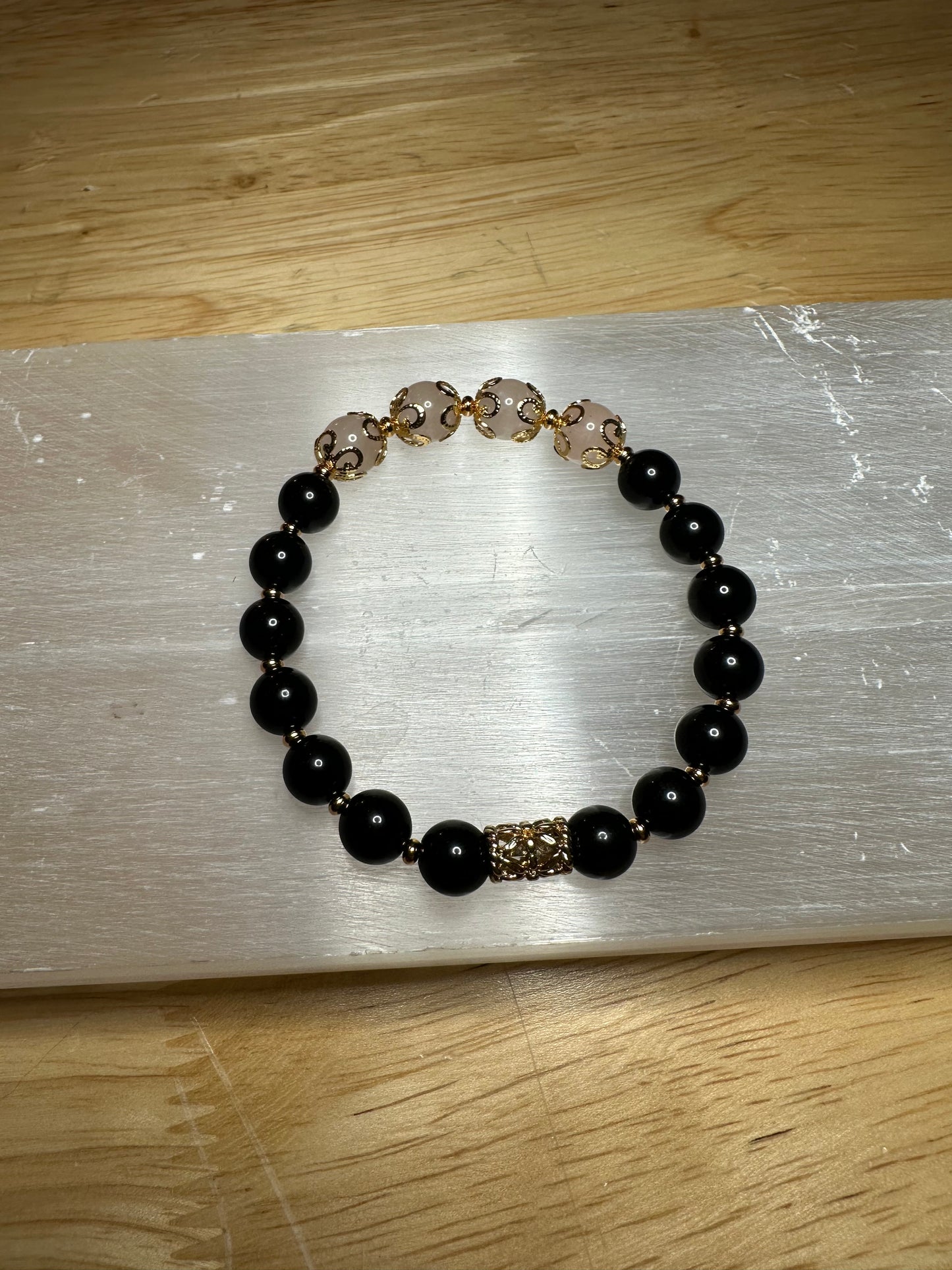 Obsidian & Rose Quartz Bracelet w/ Gold Plated Spacers