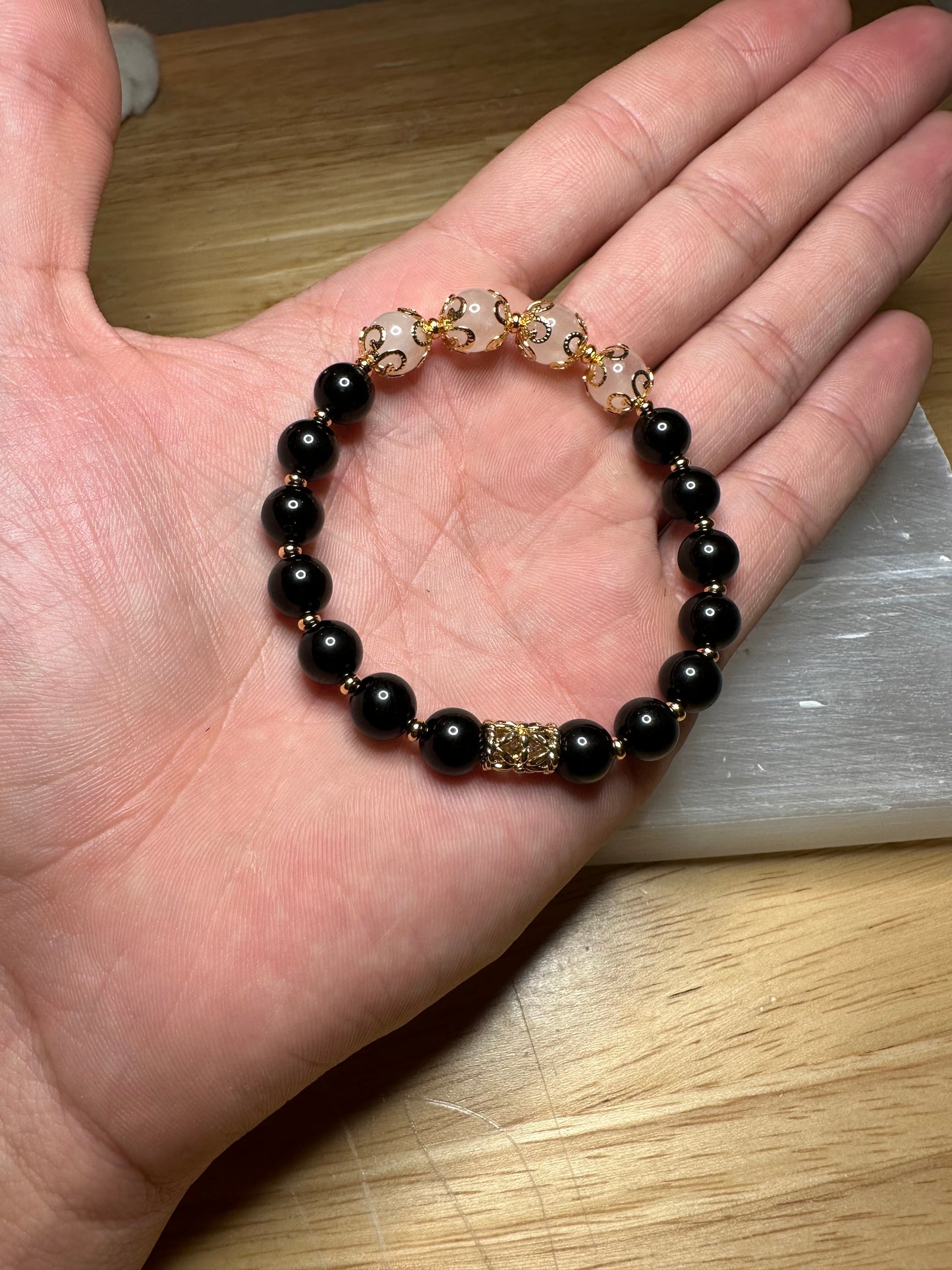 Obsidian & Rose Quartz Bracelet w/ Gold Plated Spacers