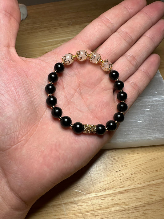 Obsidian & Rose Quartz Bracelet w/ Gold Plated Spacers