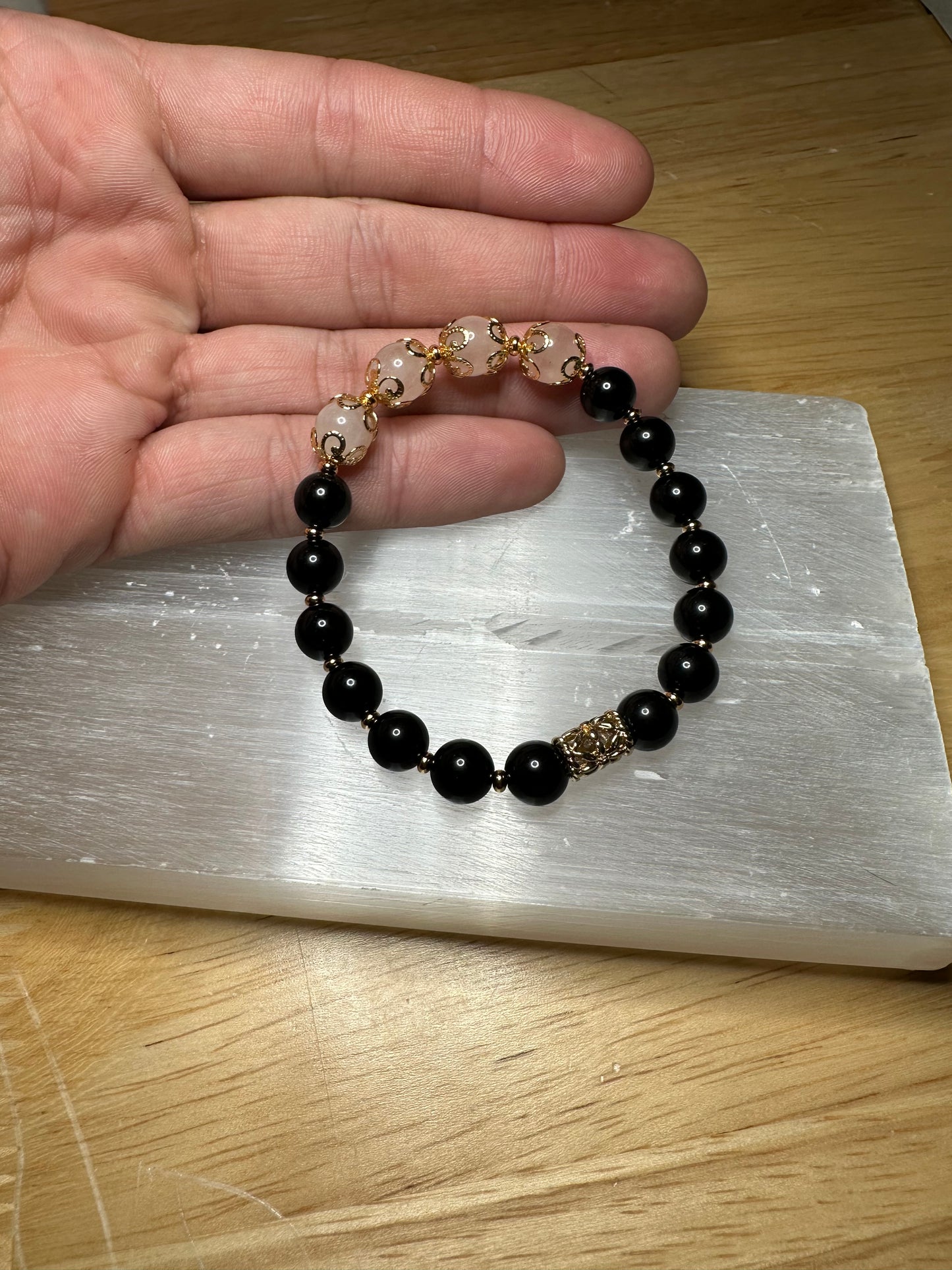 Obsidian & Rose Quartz Bracelet w/ Gold Plated Spacers