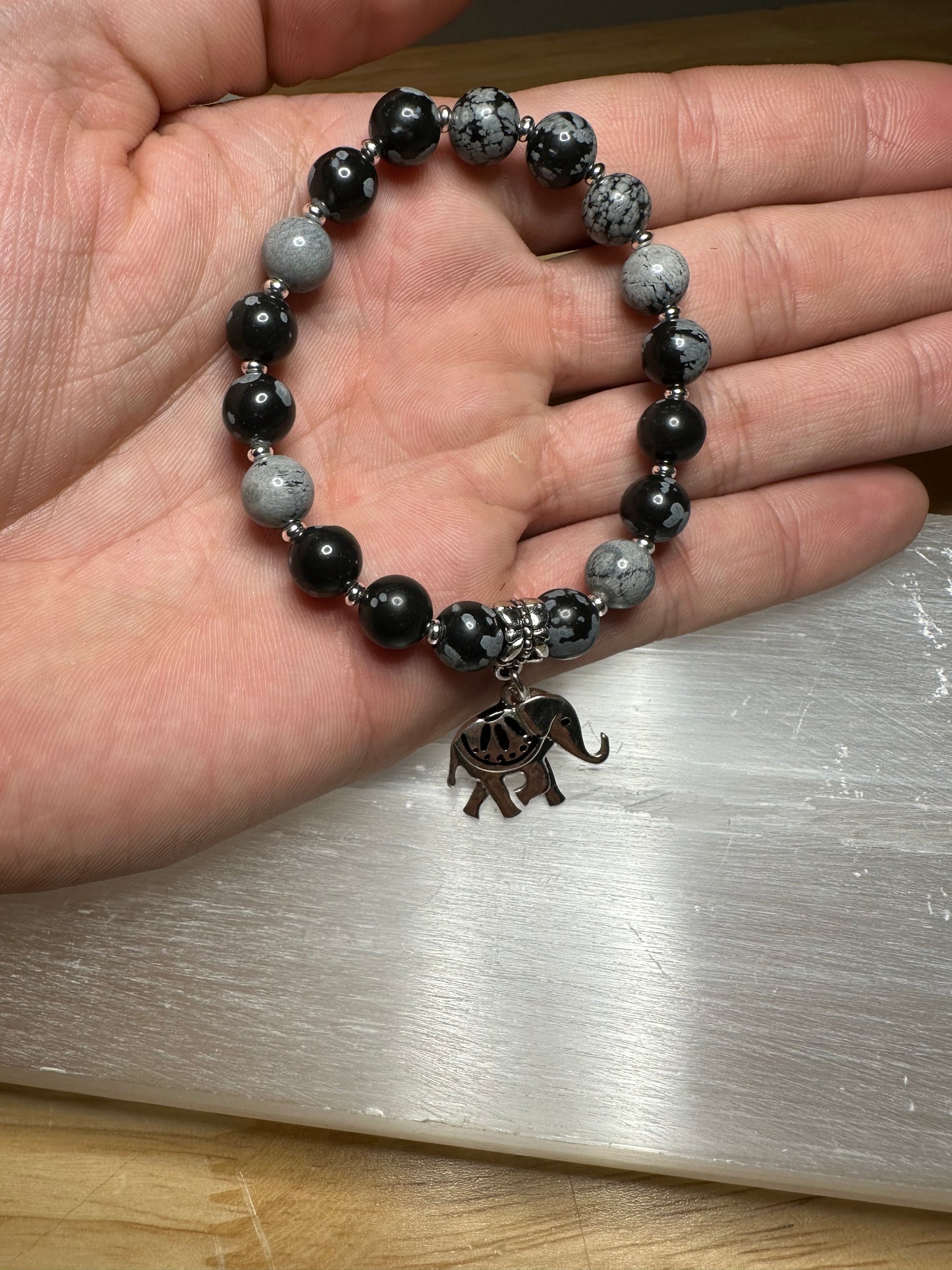 Snowflake Obsidian Silver Charm Bracelet