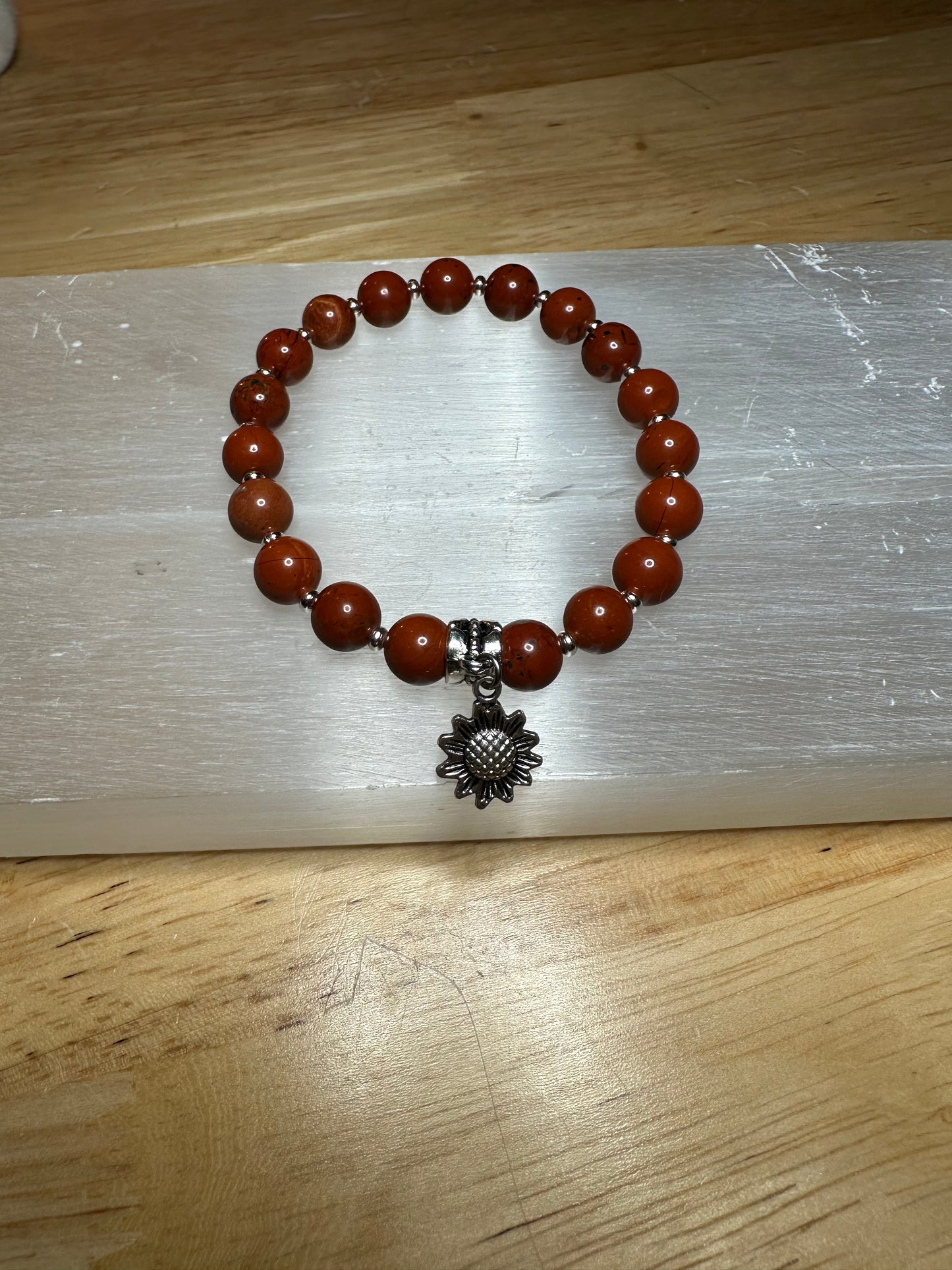 Red Jasper Bracelet w/ Cute Sunflower Charm