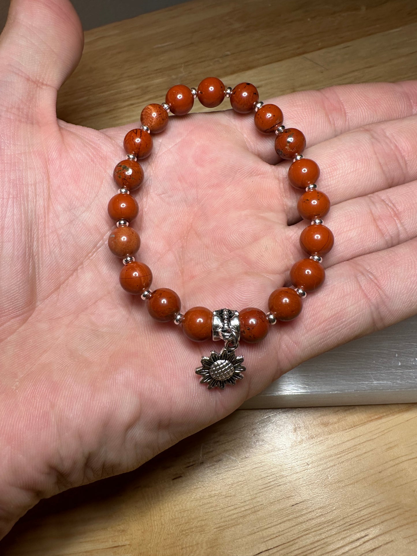 Red Jasper Bracelet w/ Cute Sunflower Charm