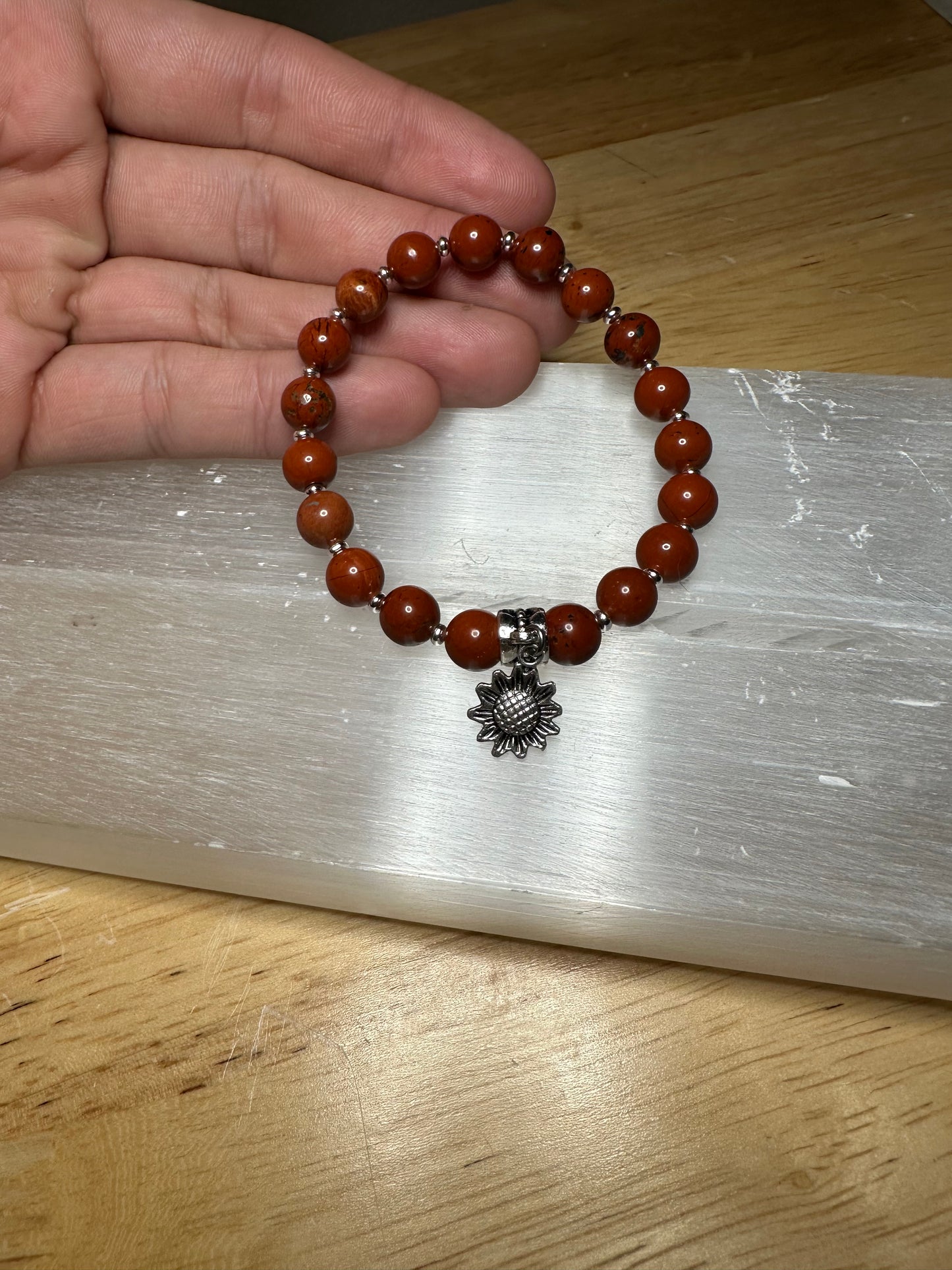 Red Jasper Bracelet w/ Cute Sunflower Charm