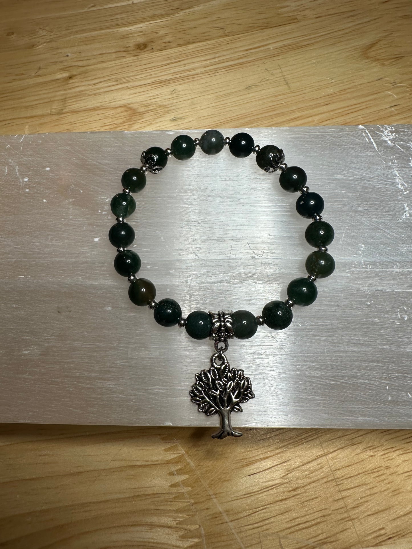 Moss Agate Bracelet w/ Cute Tree Charm