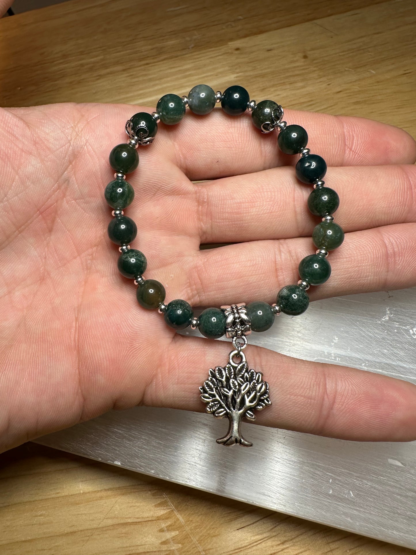 Moss Agate Bracelet w/ Cute Tree Charm