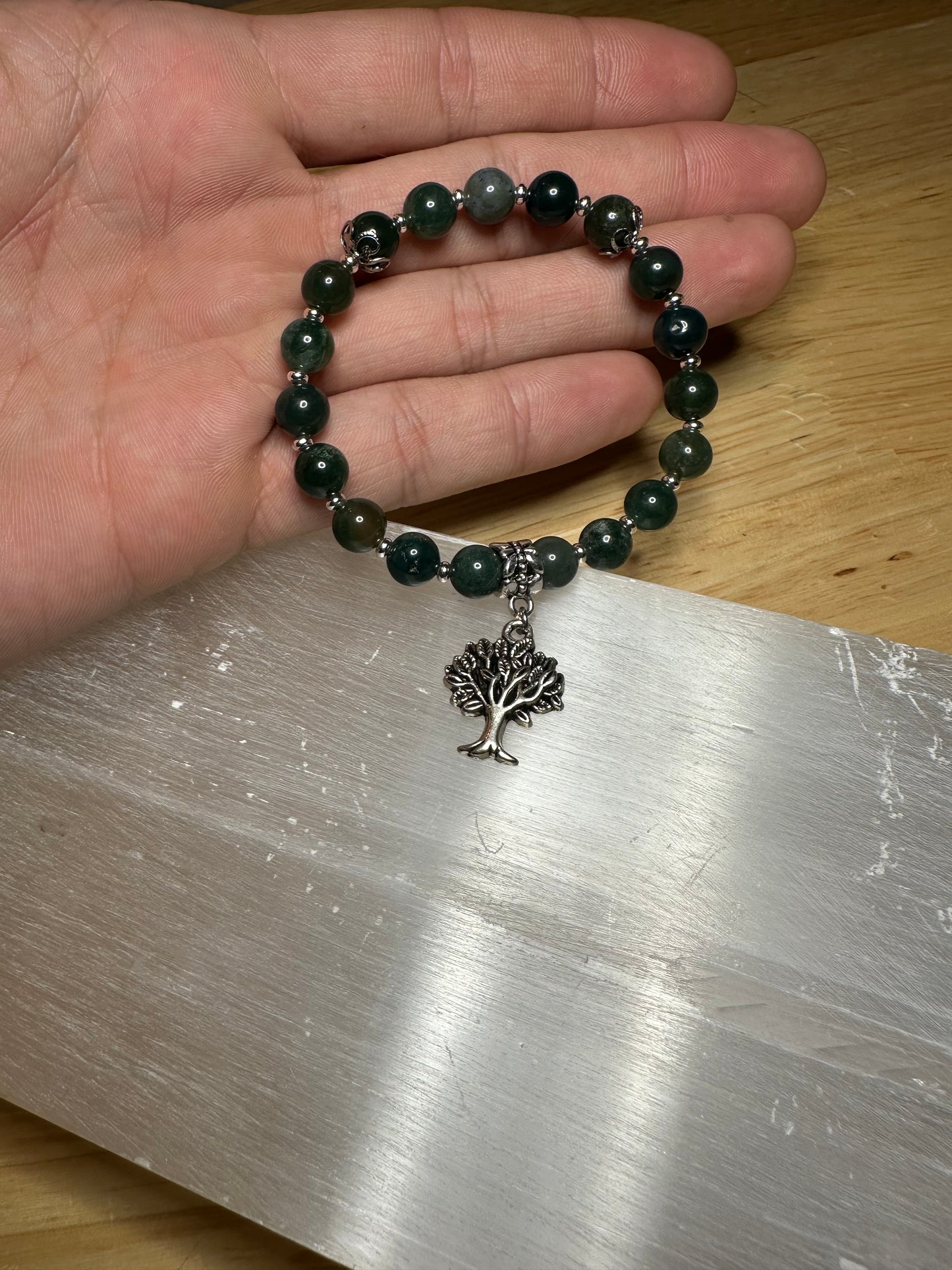 Moss Agate Bracelet w/ Cute Tree Charm