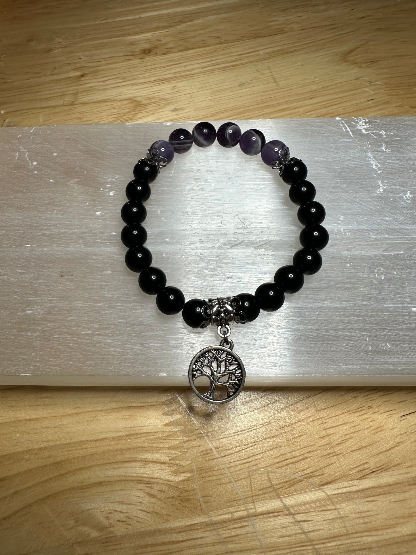 Black Obsidian & Banded Amethyst Bracelet w/ Tree Of Life Charm