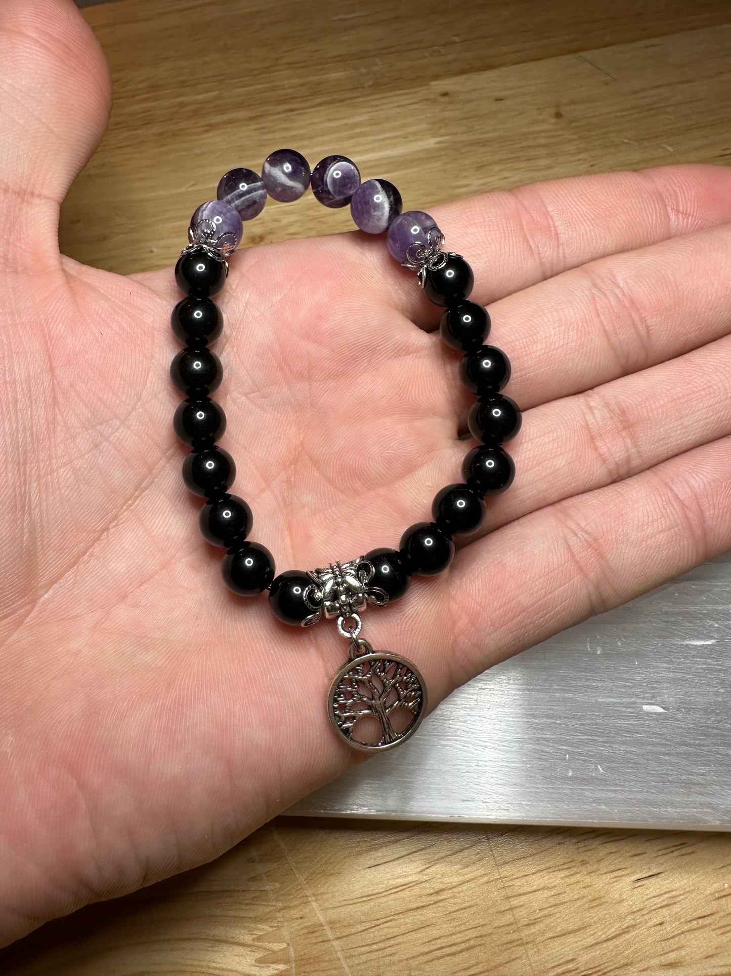 Black Obsidian & Banded Amethyst Bracelet w/ Tree Of Life Charm