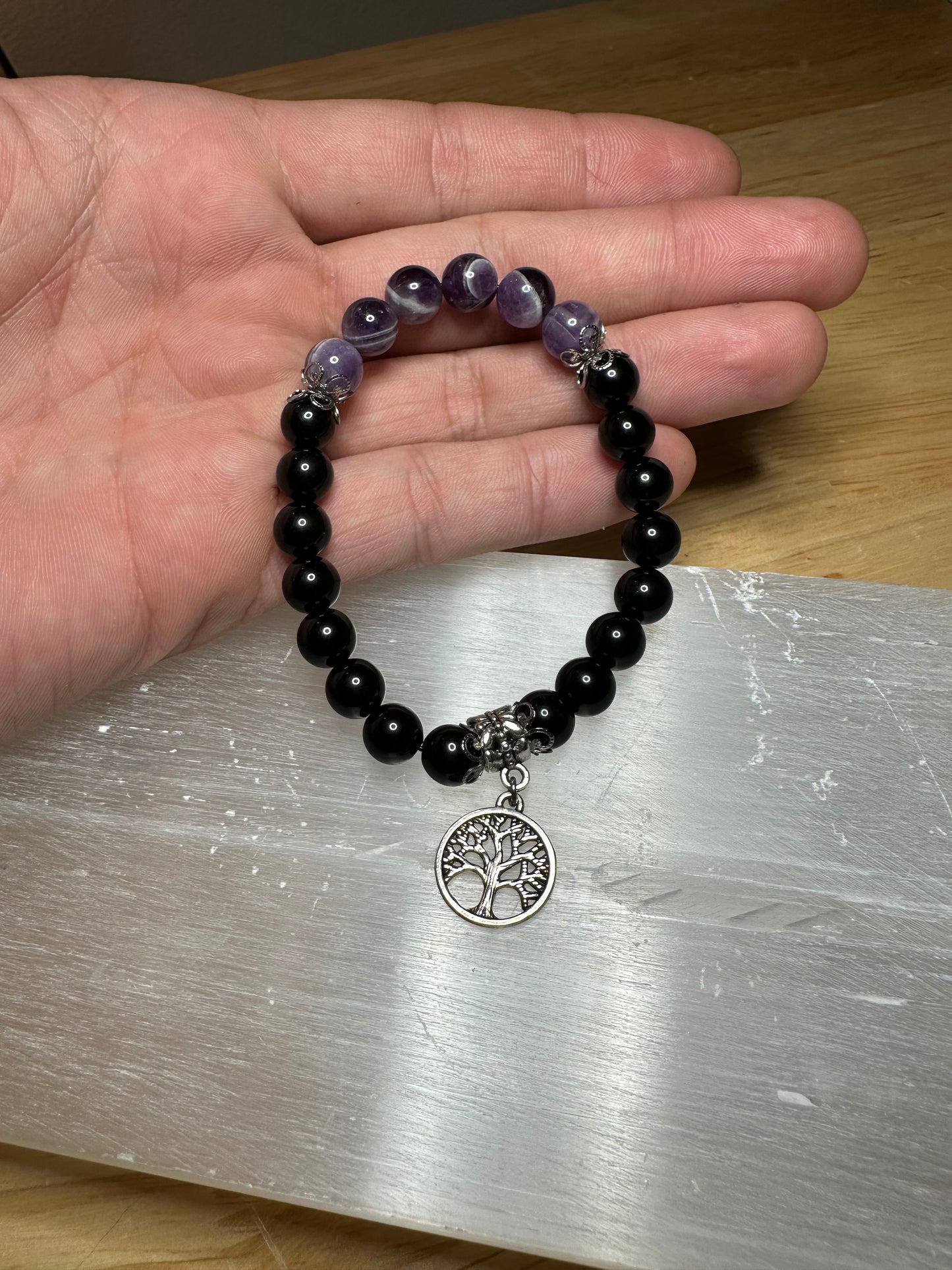 Black Obsidian & Banded Amethyst Bracelet w/ Tree Of Life Charm