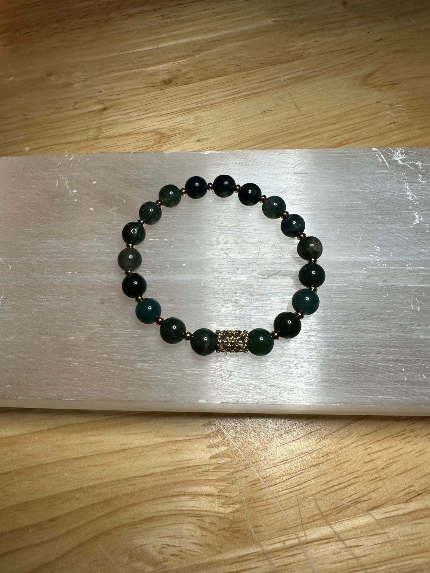 Moss Agate Bracelet w/ Gold Plated Spacers