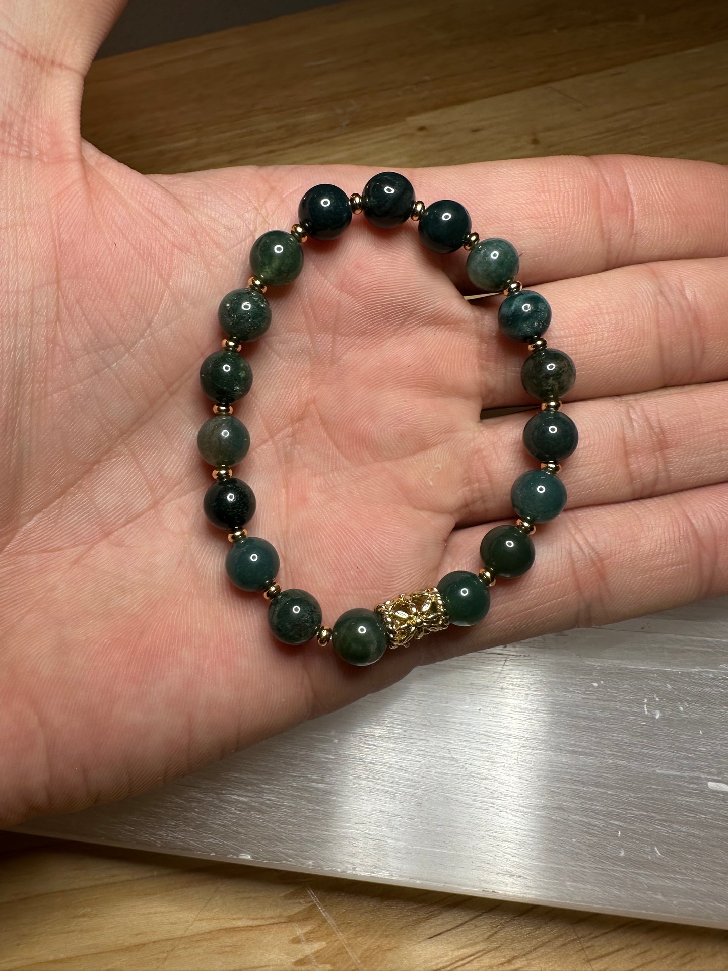 Moss Agate Bracelet w/ Gold Plated Spacers