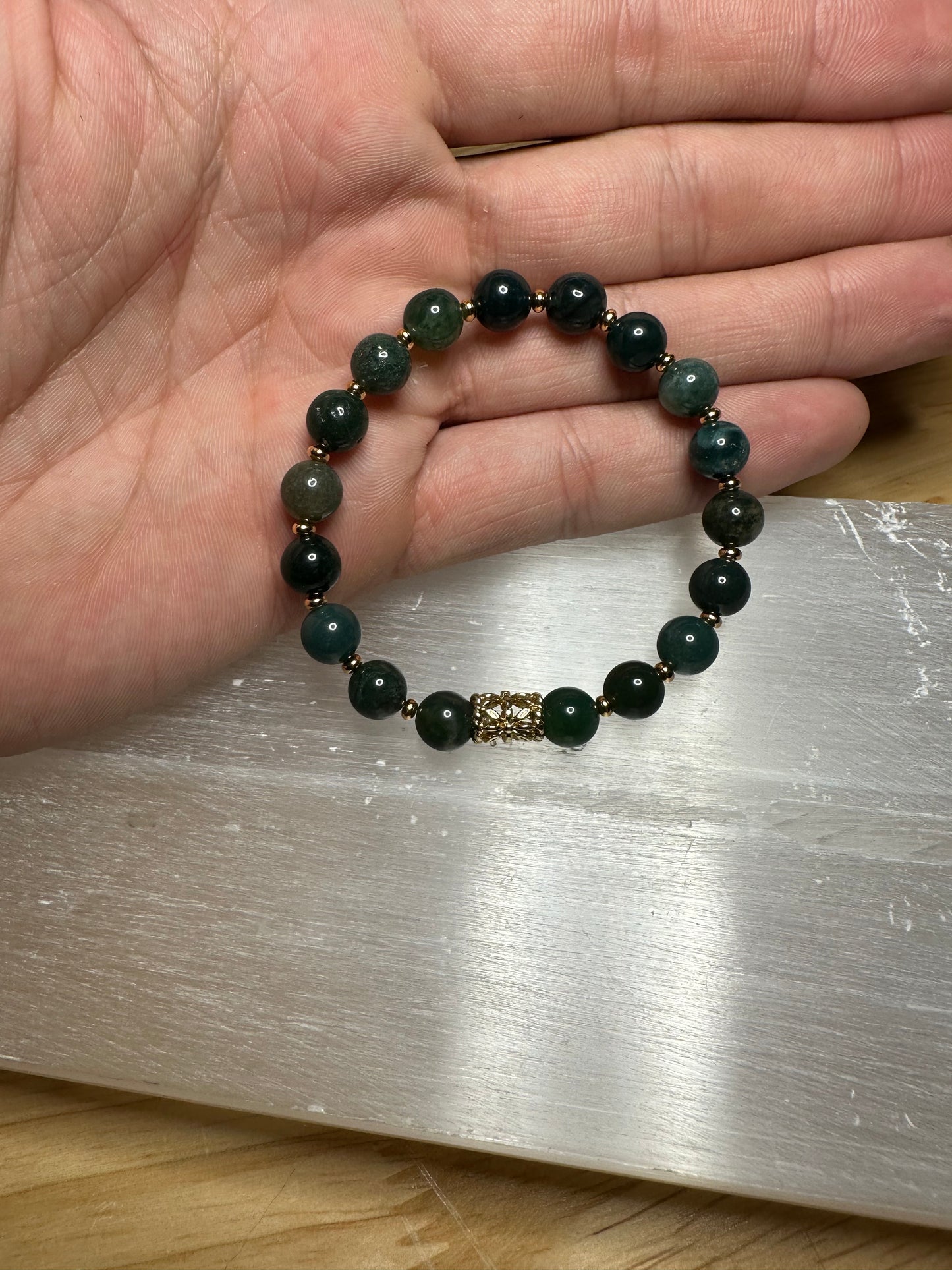 Moss Agate Bracelet w/ Gold Plated Spacers