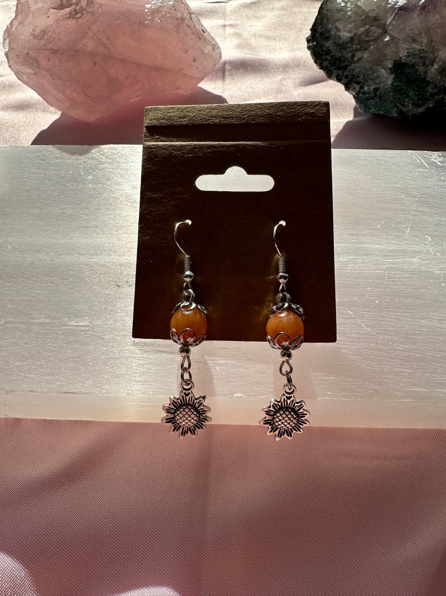 Beautiful Red Aventurine Dangle Earrings w/ Sunflower Charm