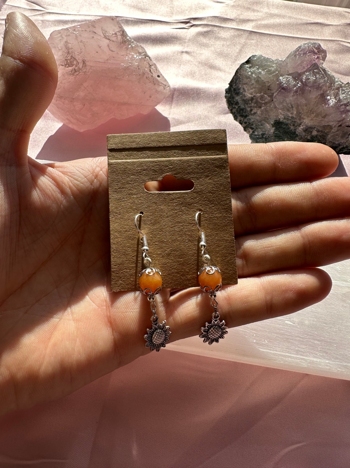 Beautiful Red Aventurine Dangle Earrings w/ Sunflower Charm