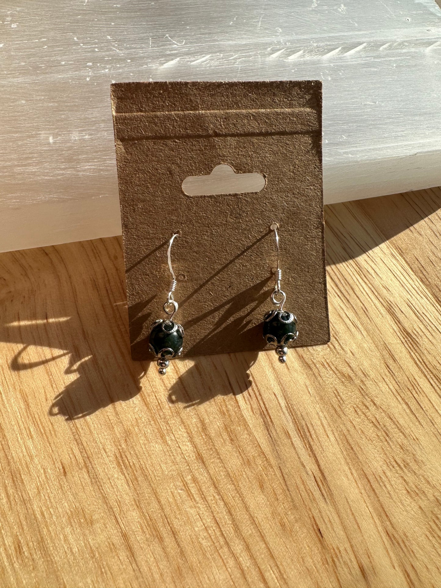 Elegant Moss Agate Silver Dangle Earrings