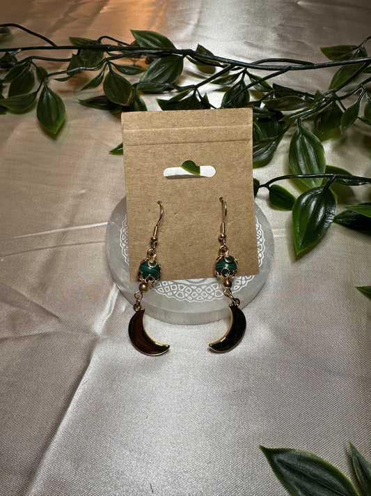 Cute Malachite & Moon Gold Earrings