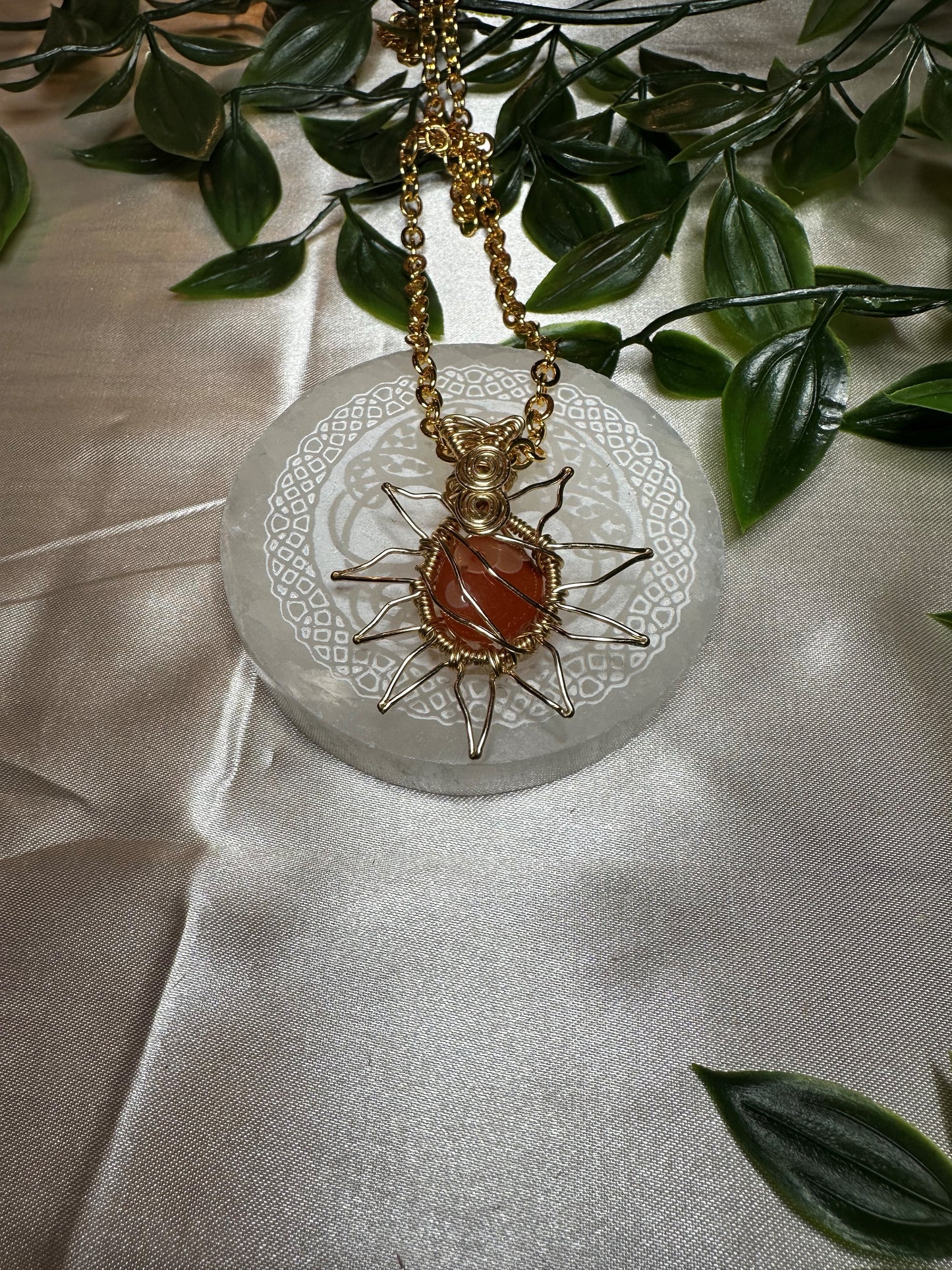 Gold Carnelian Sun Wire Wrapped Necklace