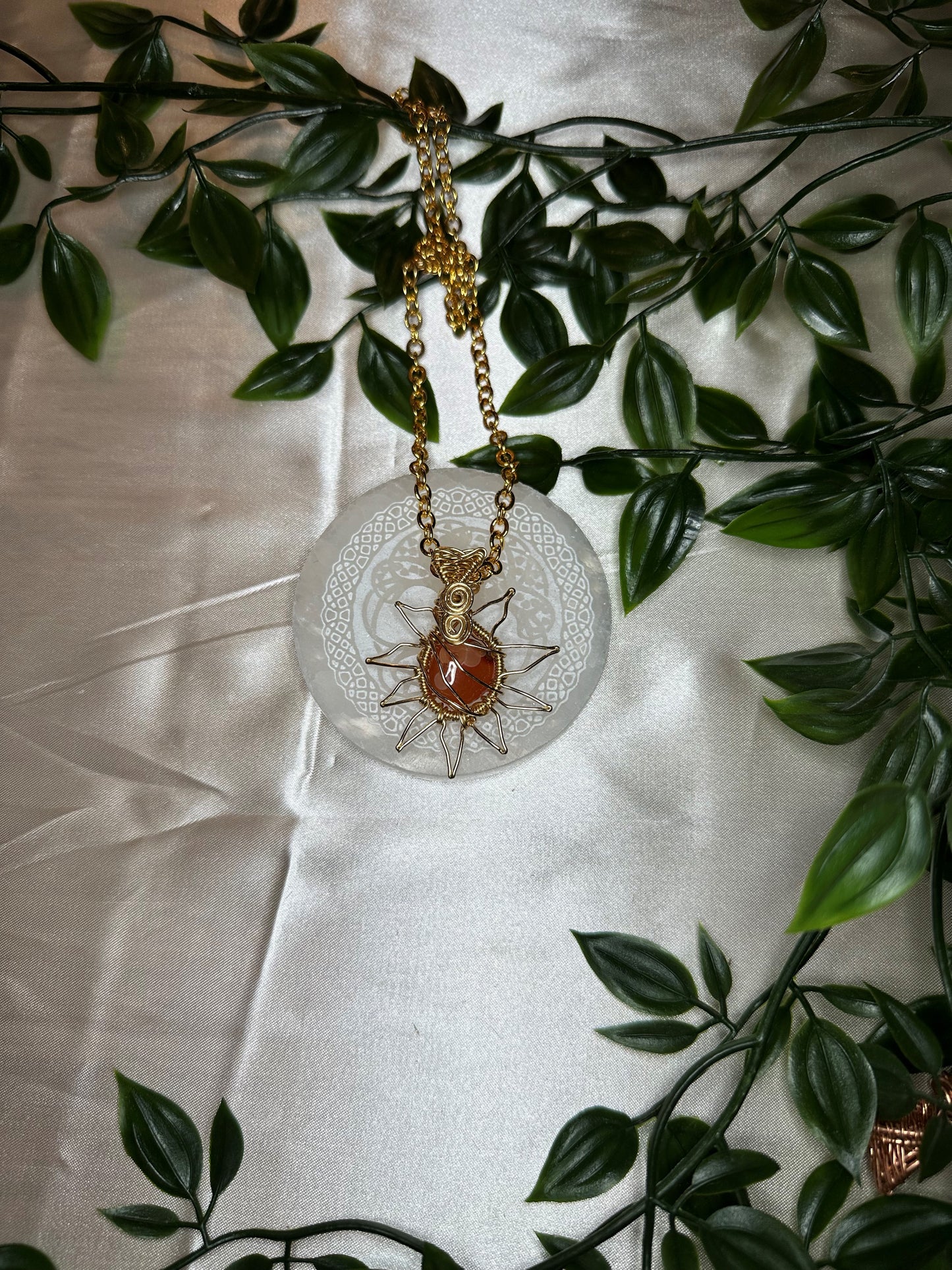 Gold Carnelian Sun Wire Wrapped Necklace